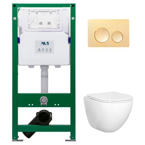 Комплект AVS 3в1: Инсталляция для унитаза 809-0006-7732C + Унитаз подвесной 801-0045-P-T2-GW + Клавиша смыва 809-0012-MG матовое золото, круглые кнопки