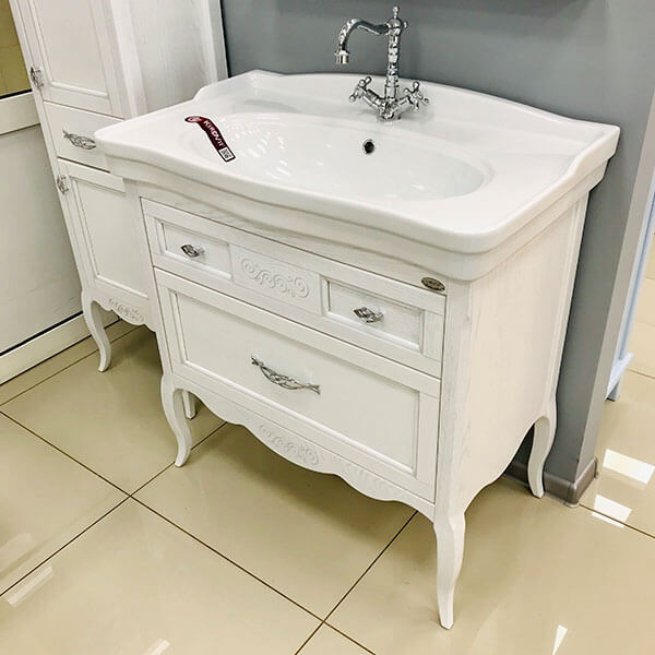 Тумба с раковиной ASB Wood Line Модерн 85 белая, патина серебро