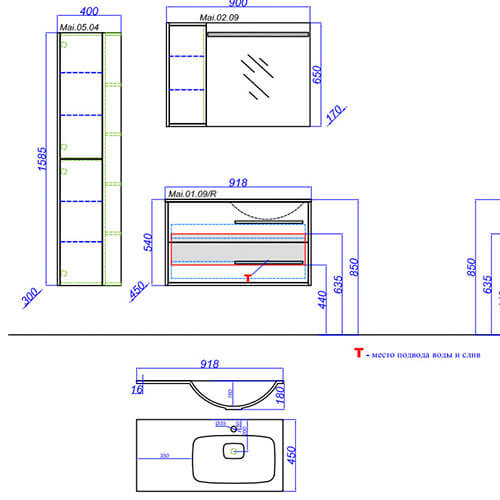 Тумба с раковиной 90 подвесная Miami Aqwella Mai.01.09/R