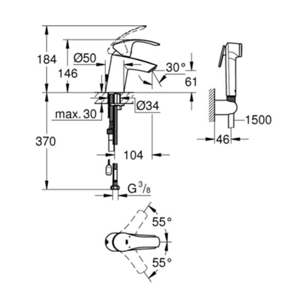 Смеситель для раковины с гигиеническим душем Grohe Eurosmart 23124002 хром