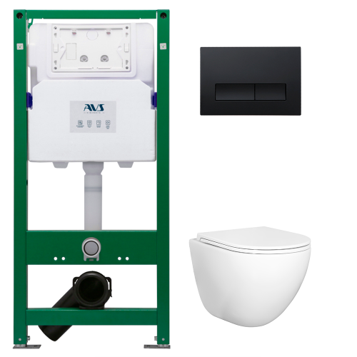 Комплект AVS 3в1: Инсталляция для унитаза 809-0006-7732C + Унитаз подвесной 801-0045-P-T2-GW + Клавиша смыва 809-0011-MB черная, прямоугольные кнопки