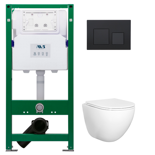 Комплект AVS 3в1: Инсталляция для унитаза 809-0006-7732C + Унитаз подвесной 801-0045-P-T2-GW + Клавиша смыва 809-0013-MB черная, квадратные кнопки