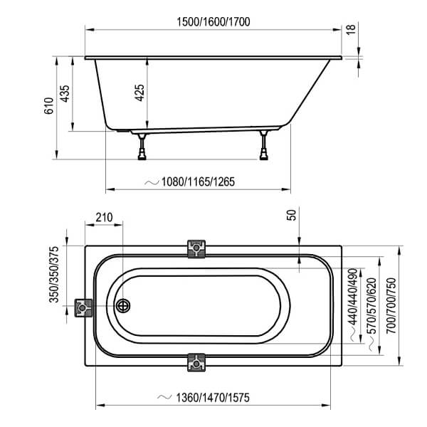 Акриловая ванна Ravak Chrome 150x70 белая, без ножек