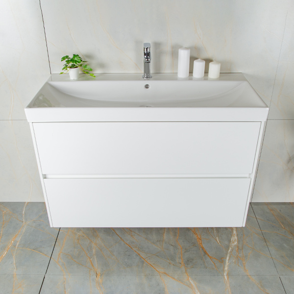 Тумба с раковиной AVS Вернисаж 100 белая глянцевая (раковина белая), подвесная 2 ящика