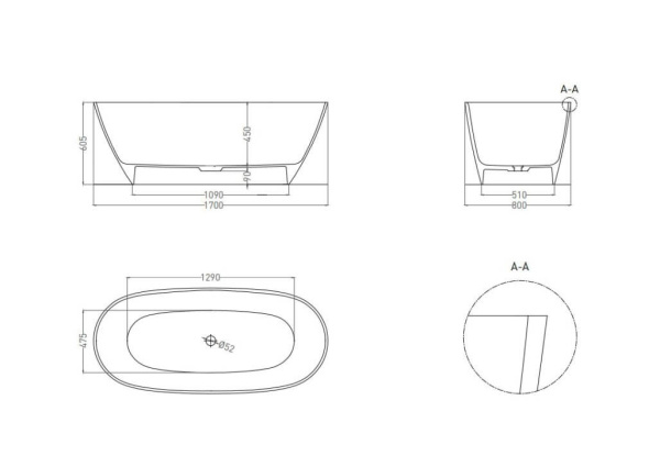 Ванна из искусственного камня отдельностоящая U-Solid NOA LIGHT 1700*80 матовая UMY