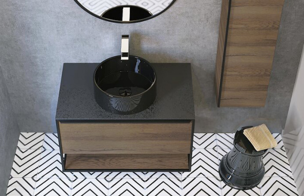 Тумба 900 1ящ подвес со столешницей HPL + Пенал Аттик древесный Steal JORNO